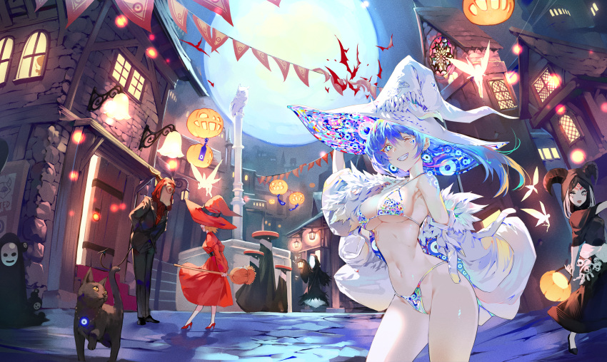 3girls absurdres bat_(animal) bikini black_dress blue_hair broom cat demon demon_girl demon_horns detached_sleeves dress facial_mark fairy fantasy forehead_mark full_moon grin halloween hat highres horns house jack-o'-lantern living_clothes mask micro_bikini mont_blanca moon multiple_girls off_shoulder one_eye_closed original red_dress red_headwear short_hair smile string_of_flags suit swimsuit too_many_eyes wide_sleeves witch witch_hat