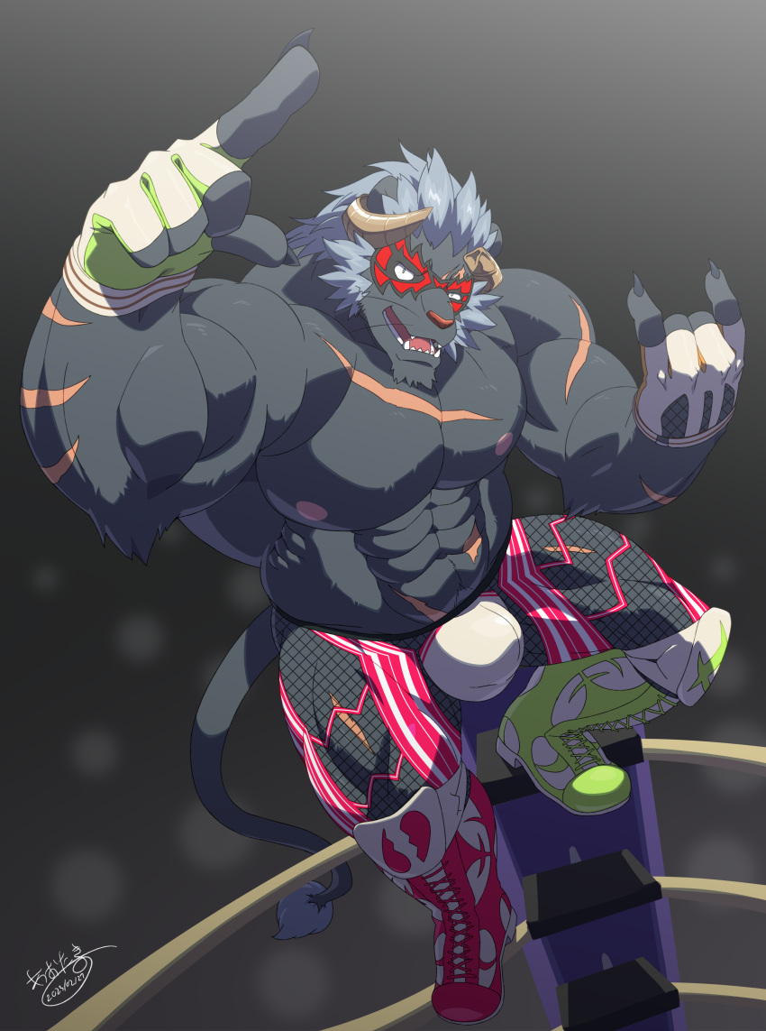 1boy abs absurdres aotaki_(aotk) bara bodysuit curled_horns demon_boy demon_tail fishnet_bodysuit fishnets full_body furry furry_male goat_boy grey_fur highres horns index_finger_raised krampus_(housamo) large_bulge large_pectorals long_sideburns looking_at_viewer male_focus medium_hair muscular muscular_male nipples on_ladder pectorals scar scar_across_eye scar_on_chest sideburns solo spotlight stomach tail thick_eyebrows thick_thighs thighs tokyo_afterschool_summoners tusks wrestling_outfit wrestling_ring