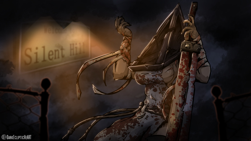 1girl absurdres blood blood_on_clothes blood_on_weapon breasts darkeclipticheart genderswap great_knife halloween head helmet highres large_breasts monster object_head pyramid_(structure) pyramid_head silent_hill_(movie) silent_hill_(series) silent_hill_2 silent_hill_3 weapon