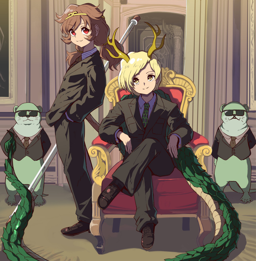 2girls antlers black_jacket black_pants blonde_hair brown_hair chair circlet collared_shirt dragon_horns dragon_tail fatal_fury formal highres horns jacket kicchou_yachie long_sleeves looking_at_viewer low_twintails monkey_tail multiple_girls necktie otter pant_suit pants red_eyes ruyi_jingu_bang shirt short_hair sitting son_biten suit suit_jacket sunglasses syope tail touhou turtle_shell twintails