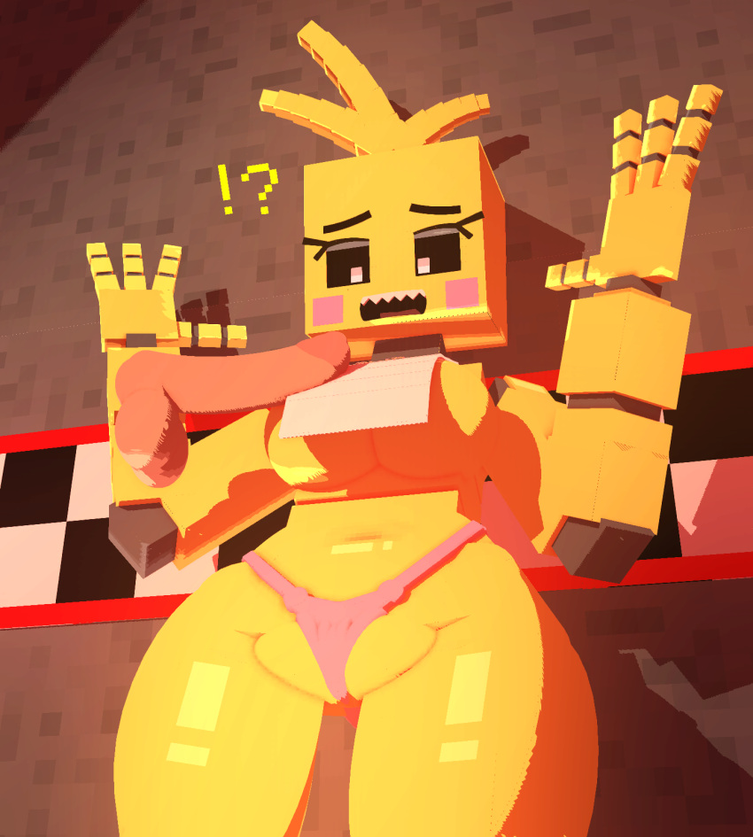 3d_(artwork) avian big_breasts bird blonde_hair breasts chica_(fnaf) chicken coresvoid digital_media_(artwork) disembodied_penis female five_nights_at_freddy's five_nights_at_freddy's_2 galliform gallus_(genus) genitals hair hi_res looking_at_genitalia looking_at_penis machine male microsoft mine-imator minecraft mojang penis phasianid robot scottgames sharp_teeth shocked shocked_expression simple_background smooth_skin solo teeth thick_thighs toy_chica_(fnaf) xbox_game_studios yellow_body