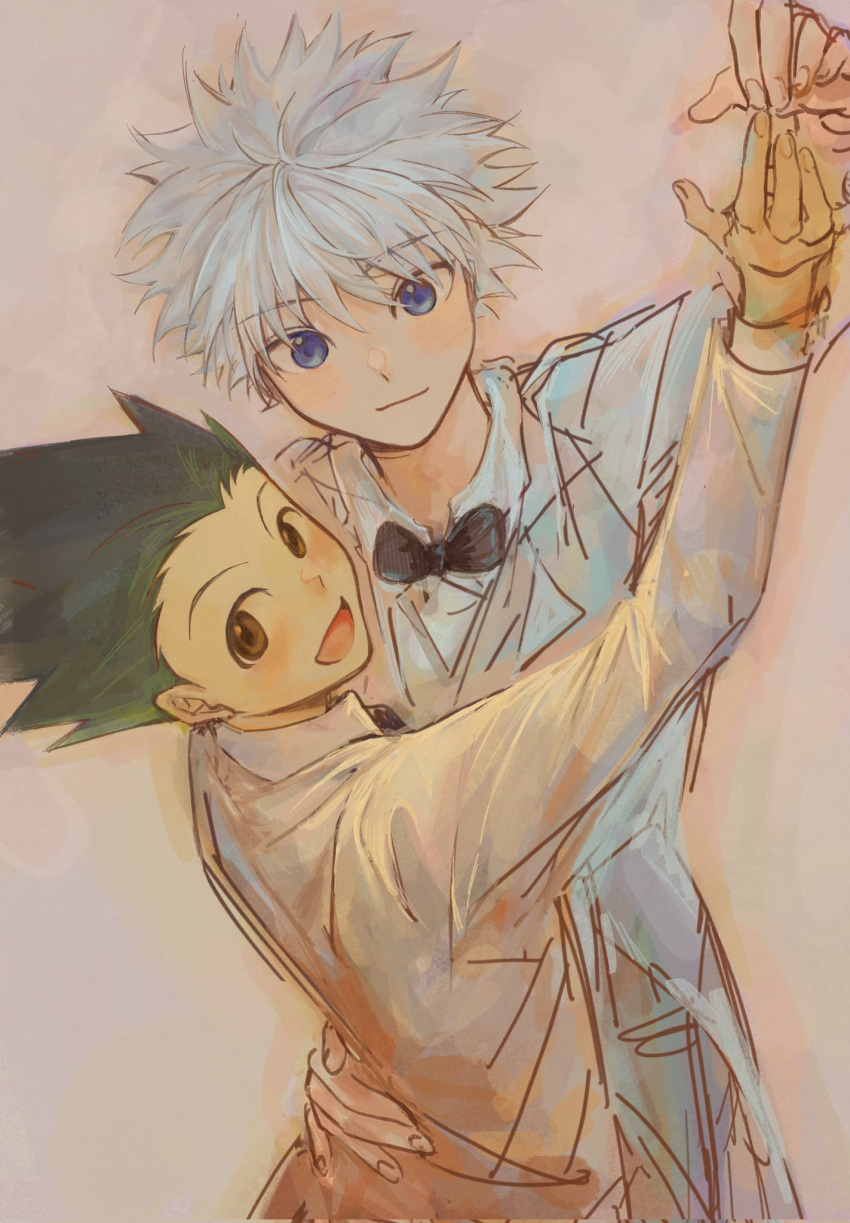 2boys alternate_costume arm_around_waist black_bow black_bowtie black_hair blue_eyes bow bowtie brown_eyes brown_suit from_above gon_freecss highres hunter_x_hunter killua_zoldyck long_sleeves looking_at_viewer male_child multiple_boys short_hair simple_background spiked_hair suit tiorrr1 upper_body white_background white_hair white_suit