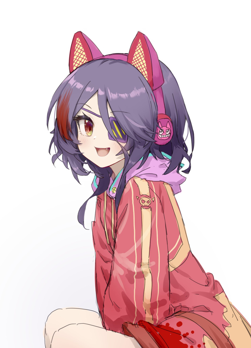 1girl animal_ears between_legs blush brown_eyes cat_ears eyepatch fake_animal_ears fang from_side hair_between_eyes hand_between_legs hayasaka_mirei headset highres hood hood_down hoodie idolmaster idolmaster_cinderella_girls idolmaster_cinderella_girls_starlight_stage long_sleeves looking_at_viewer multicolored_clothes multicolored_hair multicolored_hoodie open_mouth pg_(pege544) print_hoodie purple_hair red_hair short_hair simple_background sitting smile solo streaked_hair white_background