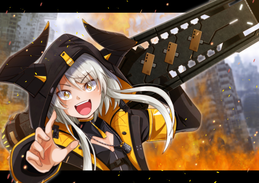 1girl black_jacket breasts cleavage damepia_(pianohuey38) dog_tags fire flat_chest grey_hair hood hooded_jacket horned_hood horns jacket karenina:_blast_(punishing:_gray_raven) karenina_(punishing:_gray_raven) long_sleeves open_mouth orange_jacket over_shoulder punishing:_gray_raven ruins short_hair_with_long_locks teeth upper_teeth_only weapon weapon_over_shoulder