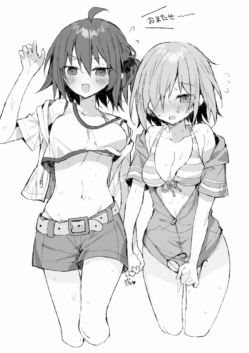 2girls absurdres ahoge belt bikini blush breasts bug cleavage crop_top cropped_jacket cropped_legs eyewear_removed fate/grand_order fate_(series) fly frown fujimaru_ritsuka_(female) hair_between_eyes hair_over_one_eye highres holding holding_hands holding_removed_eyewear jacket long_sleeves mash_kyrielight medium_breasts medium_hair multiple_girls open_mouth partially_unzipped shorts simple_background smile striped striped_bikini swimsuit tomo_(ryo_i_so_) white_background yuri