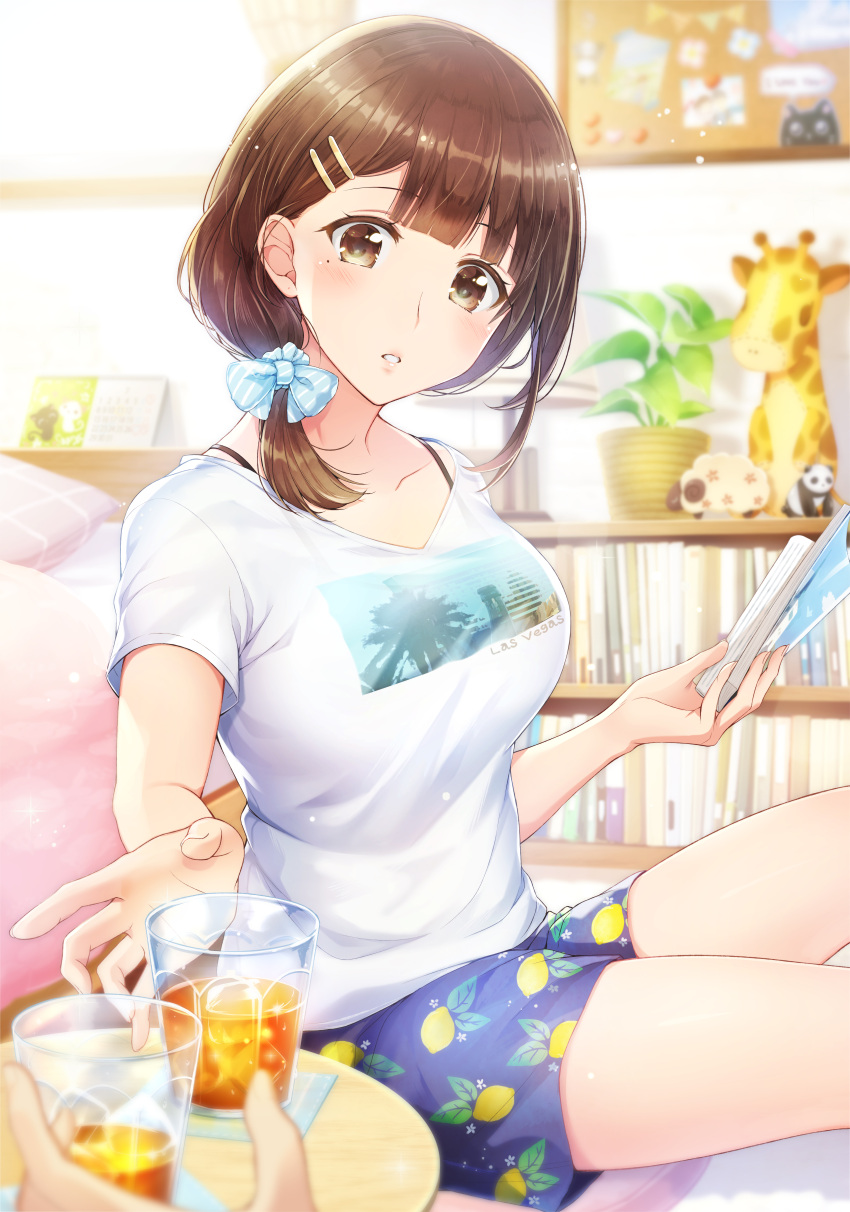 1girl absurdres bad_id bad_pixiv_id blue_bow blue_shorts blurry blurry_background blurry_foreground blush book bookshelf bow breasts brown_eyes brown_hair bulletin_board collarbone commentary cup depth_of_field drink drinking_glass english_commentary hair_ornament hair_over_shoulder hairclip highres holding holding_book indoors large_breasts lemon_print looking_at_viewer medium_hair mole mole_under_eye mono_lith original parted_lips plant potted_plant pov pov_hands print_shirt shirt short_sleeves shorts sitting solo_focus stuffed_animal stuffed_giraffe stuffed_toy t-shirt thighs white_shirt