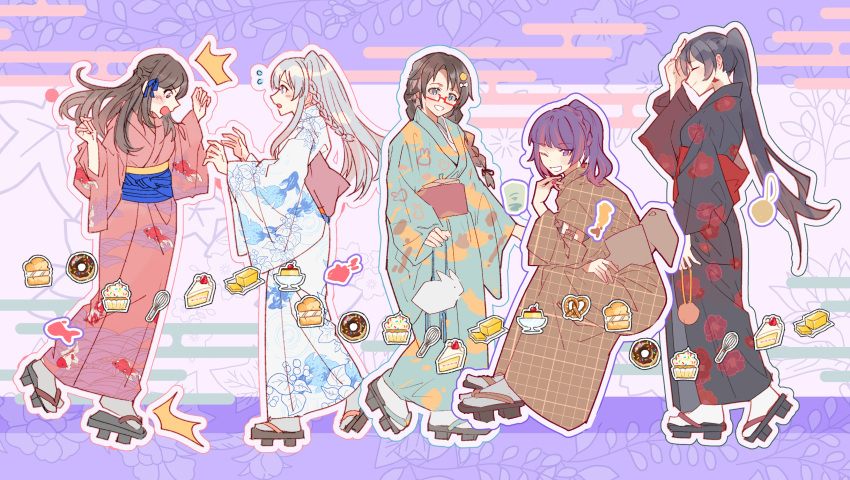 5girls absurdres black_hair black_kimono braid brown_eyes brown_hair brown_kimono cake food geta glasses grey_hair high_ponytail highres idolmaster idolmaster_shiny_colors japanese_clothes kimono l'antica_(idolmaster) long_hair low_twin_braids mitsumine_yuika mokuto multiple_girls obi open_mouth pink_kimono print_kimono purple_eyes purple_hair sash shirase_sakuya tanaka_mamimi tsukioka_kogane twin_braids white_kimono yukoku_kiriko