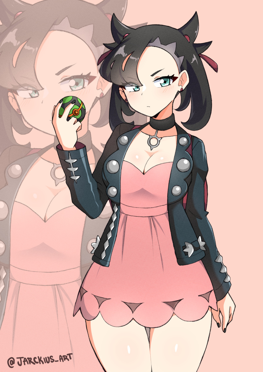 1girl absurdres asymmetrical_bangs black_choker black_hair black_jacket black_nails choker dress dusk_ball hair_ribbon highres holding holding_poke_ball jacket jarckius marnie_(pokemon) pink_dress poke_ball poke_ball_(basic) pokemon pokemon_(game) pokemon_swsh ribbon