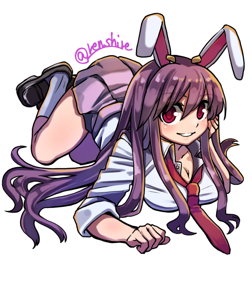 1girl :d black_footwear breasts cleavage collared_shirt commentary full_body highres large_breasts long_hair necktie one-hour_drawing_challenge open_mouth pink_skirt purple_hair red_eyes red_necktie reisen_udongein_inaba renshirenji shirt skirt smile socks solo touhou twitter_username white_shirt white_socks