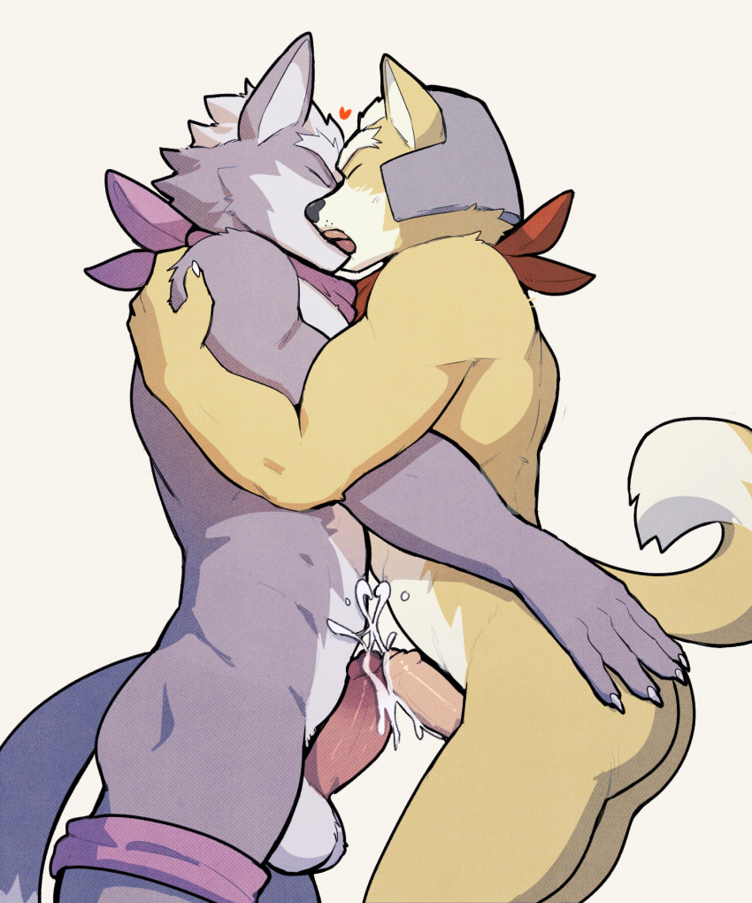 anthro balls bodily_fluids butt canid canine canis cum duo ejaculation eyes_closed fox fox_mccloud french_kissing fur genital_fluids genitals grey_body grey_fur hair hand_on_butt hi_res humanoid_genitalia humanoid_penis jrjresq kissing male male/male mammal nintendo penis star_fox tail white_body white_fur wolf wolf_o'donnell yellow_body yellow_fur