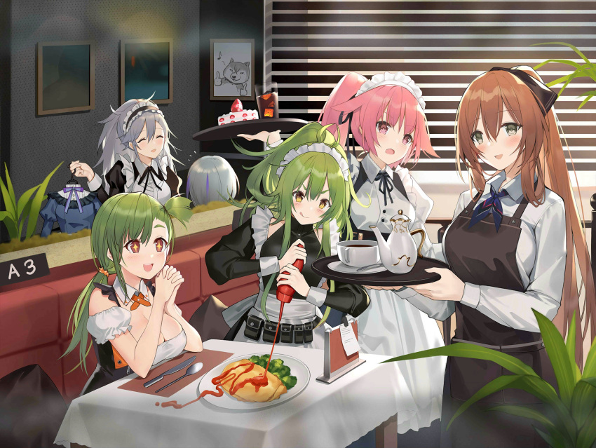 +_+ 6+girls :q antenna_hair apron black_ribbon blue_neckerchief blush breasts broccoli brown_hair brown_ribbon butter_knife cake cleavage closed_eyes closed_mouth contender_(flowerful_maid)_(girls'_frontline) contender_(girls'_frontline) cup dog drinking_glass eighth_note elbows_on_table fang flying_sweatdrops food g28_(beer_ranch)_(girls'_frontline) g28_(girls'_frontline) gepard_m1_(contracted_today)_(girls'_frontline) gepard_m1_(girls'_frontline) girls'_frontline green_eyes green_hair grey_hair hair_between_eyes hair_ribbon highres holding holding_clothes_hanger holding_tray iced_tea indoors ketchup ketchup_bottle large_breasts long_hair m950a_(girls'_frontline) m950a_(home_ec_training)_(girls'_frontline) maid maid_apron maid_headdress multicolored_hair multiple_girls musical_note neck_ribbon neckerchief ntw-20_(girls'_frontline) ntw-20_(the_aristocrat_experience)_(girls'_frontline) official_alternate_costume official_art omelet omurice open_mouth own_hands_clasped own_hands_together paper picture_frame pink_eyes pink_hair plant plate potted_plant pouch purple_hair red_eyes ribbon shiba_inu short_hair sitting smile spoon springfield_(girls'_frontline) standing streaked_hair suisai_(suisao) table tablecloth teacup teapot thumbs_up tongue tongue_out tray v-shaped_eyebrows very_long_hair window yellow_eyes