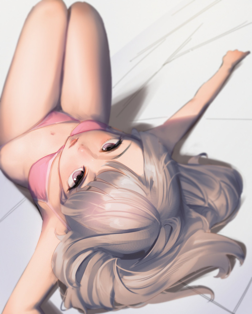 1girl bare_arms bare_legs bikini expressionless grey_hair hair_spread_out highres long_hair looking_at_viewer lying navel on_back original pink_bikini purple_eyes solo swimsuit takami_masahiro tile_floor tiles