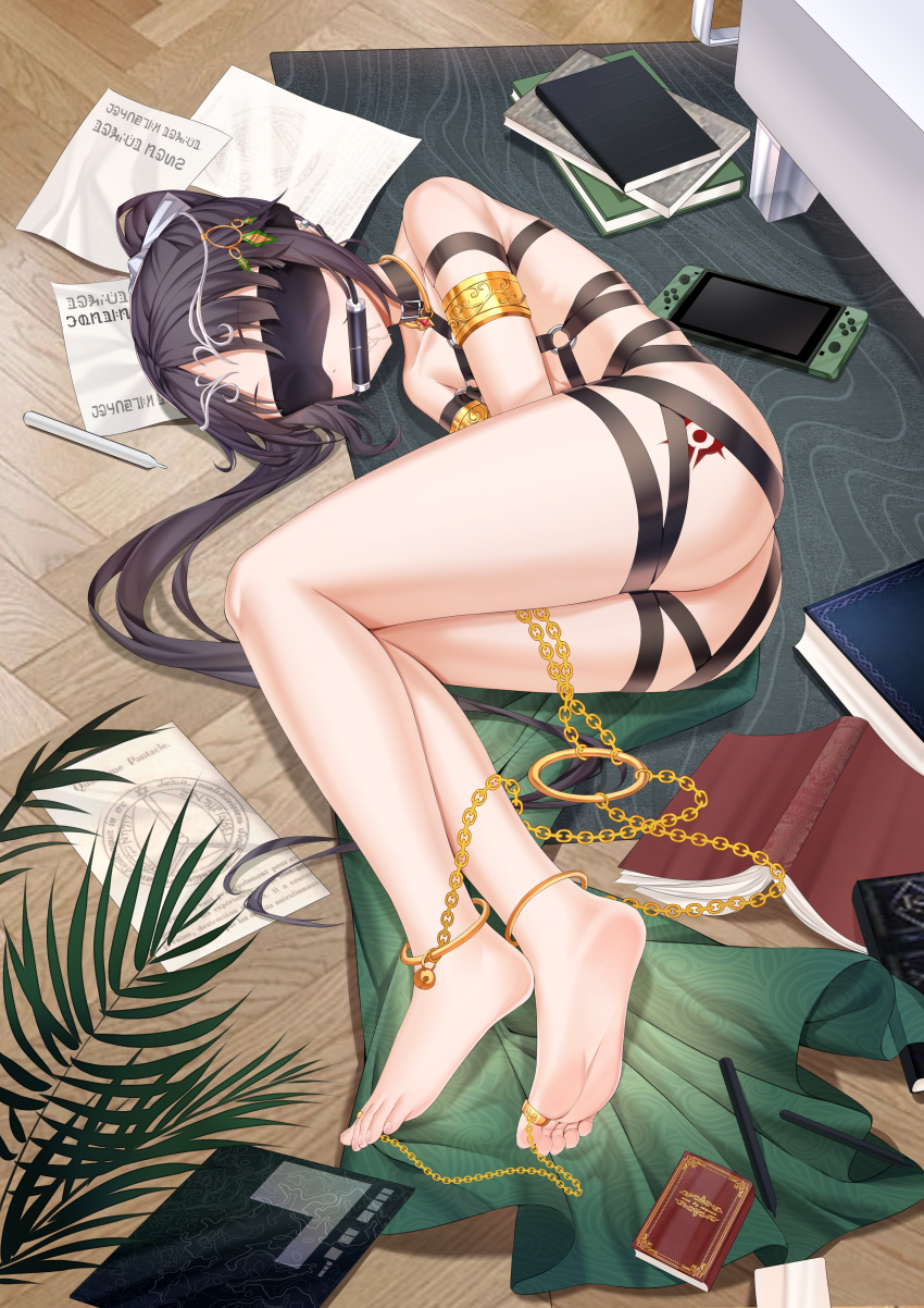 1boy absurdres anklet armlet ass ass_tattoo barefoot bdsm black_hair black_thighhighs blindfold blush bondage bound chain commission ear_piercing feet full_body gagged gold_chain highres jewelry legs lying neck_ring nintendo_switch no_shoes nude on_floor on_side original otoko_no_ko piercing restrained soles solo thighhighs thighlet tiara toe_ring toenails toes xo_(xo17800108)