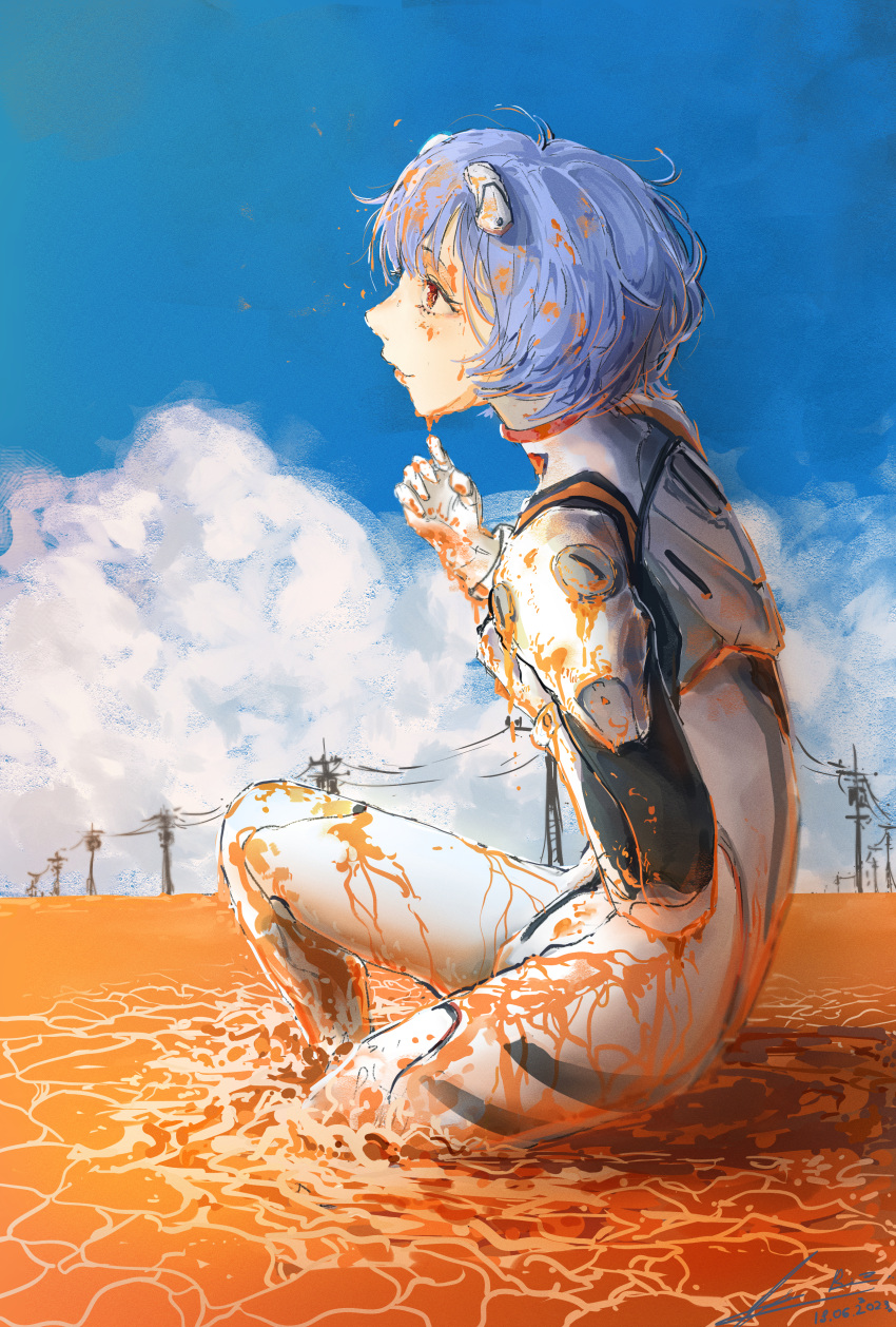 1girl absurdres ayanami_rei blue_hair blue_sky bodysuit closed_mouth cloud commentary curled_fingers dated day dirty dirty_clothes dirty_face dripping end_of_evangelion expressionless from_side full_body gloves hair_between_eyes hand_on_own_chest hand_up highres interface_headset knee_up lcl long_sleeves looking_ahead messy messy_hair neon_genesis_evangelion outdoors partially_immersed pilot_suit plugsuit power_lines profile red_eyes rizottodesu short_hair signature sketch sky solo spoilers squatting utility_pole wading wet wet_clothes wet_hair white_bodysuit white_gloves