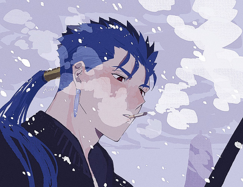 1boy black_shirt blue_hair brown_eyes cigarette cu_chulainn_(fate) earrings fate_(series) grey_sky hal_(haaaalhal) jewelry long_hair male_focus mouth_hold outdoors ponytail shirt signature sky smoke smoking snowing solo winter