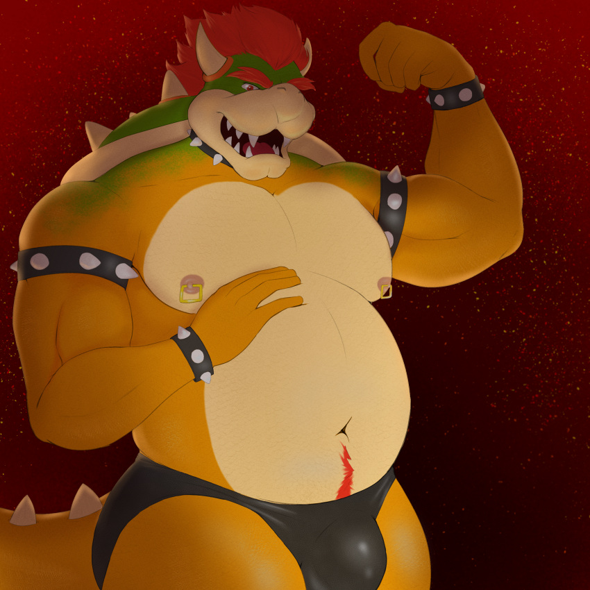 absurd_res anthro armband body_hair bowser bulge chubby_male clothing collar fangs flexing happy_trail heathermactavish hi_res koopa male mario_bros muscular navel nintendo nipple_piercing nipples pecs piercing scalie solo speedo spikes swimwear tail teeth