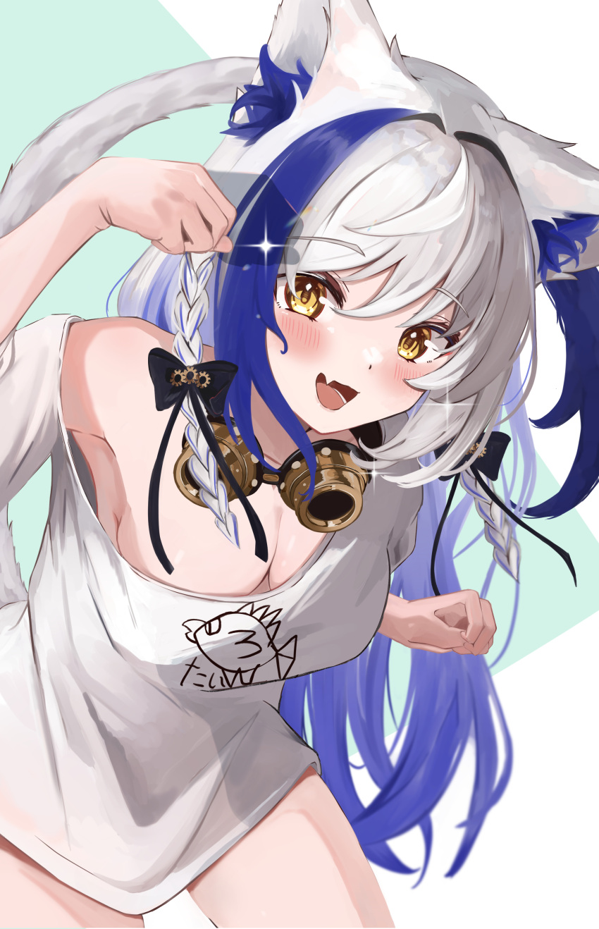 1girl :d absurdres animal_ear_fluff animal_ears aomiya_yozuri blue_hair blush braid breasts cleavage commentary_request fang goggles goggles_around_neck gradient_hair hand_up highres large_breasts leaning_forward long_hair looking_at_viewer multicolored_hair off_shoulder open_mouth paw_pose round_eyewear shirt siyara_amau skin_fang smile solo standing streaked_hair tail tongue vee_(vtuber) virtual_youtuber white_hair white_shirt yellow_eyes