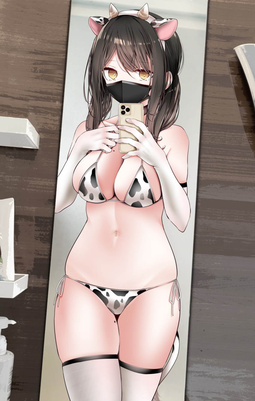 1girl animal_ears animal_print bikini black_mask breasts brown_hair cleavage commentary_request cow_ears cow_print cow_tail elbow_gloves fake_animal_ears gloves highres holding holding_phone large_breasts looking_at_viewer mask mirror mole mole_on_breast mole_on_thigh mouth_mask oouso original phone print_bikini reflection selfie side-tie_bikini_bottom solo swimsuit tail thighhighs white_gloves white_thighhighs