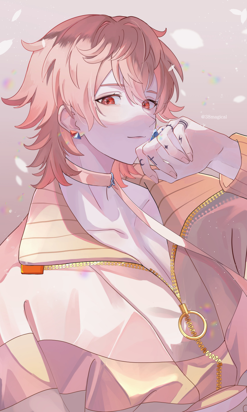 1boy absurdres choker earrings facing_to_the_side finger_tattoo highres jacket jewelry looking_at_viewer male_focus miya_(38magical) multicolored_clothes multicolored_jacket orange_choker orange_jacket paradox_live phantometal_(paradox_live) pink_hair red_eyes ring rokuta_(paradox_live) short_hair smile solo tattoo white_jacket yellow_jacket