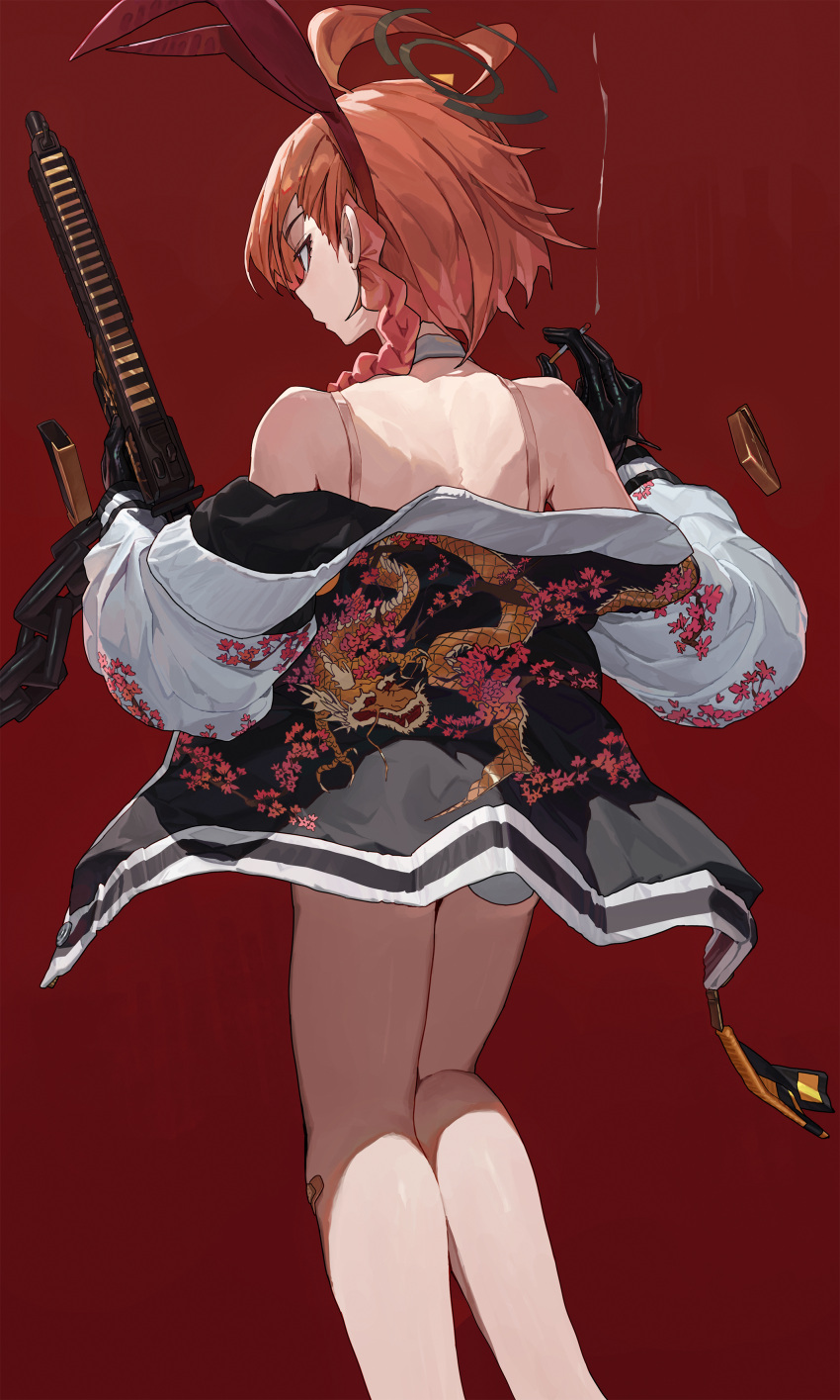 1girl absurdres ahoge animal_ears bandaid bandaid_on_leg bare_shoulders black_gloves blue_archive braid cigarette commentary_request fake_animal_ears fake_tail from_behind gloves gun highres holding holding_cigarette holding_gun holding_weapon huge_ahoge jacket neru_(blue_archive) neru_(bunny)_(blue_archive) off_shoulder orange_hair playboy_bunny red_background red_eyes short_hair side_braid simple_background single_braid solo standing starshell sukajan tail weapon