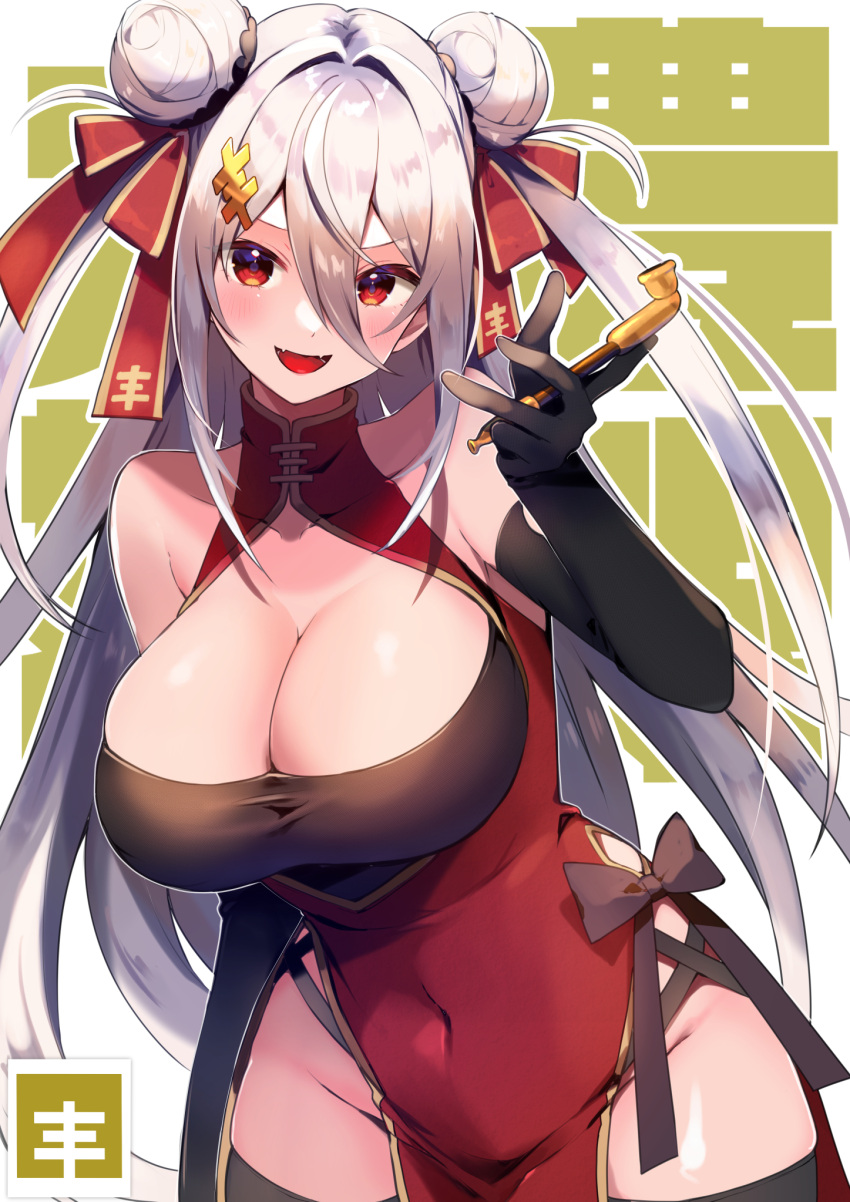 1girl armored_core armored_core_6 bare_shoulders black_gloves black_thighhighs blush breasts china_dress chinese_clothes cleavage_cutout clothing_cutout covered_navel dafeng_nyan-nyan double_bun dress elbow_gloves fangs gloves hair_between_eyes hair_bun hair_ornament hairclip highres holding holding_smoking_pipe large_breasts logo long_hair looking_at_viewer open_mouth red_eyes shinomiya_shino_(sinosino141) smile smoking_pipe solo thighhighs two_side_up white_hair