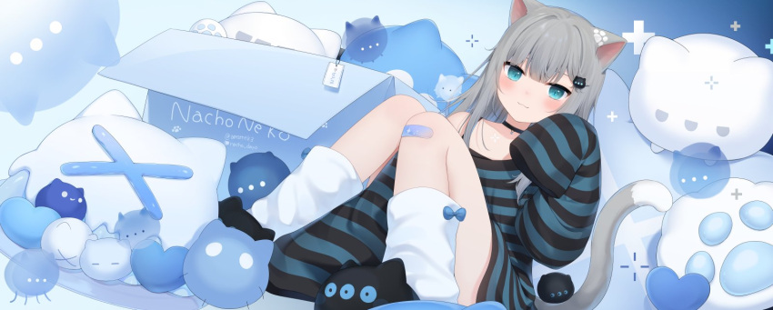 1girl :3 amashiro_natsuki animal_ears black_choker black_footwear blue_eyes blush box cardboard_box cat_ears cat_girl cat_tail choker closed_mouth commentary grey_hair hair_ornament hand_up highres indie_virtual_youtuber long_hair long_sleeves loose_socks nachoneko shirt sleeves_past_fingers sleeves_past_wrists slippers smile socks solo striped striped_shirt symbol-only_commentary tail virtual_youtuber white_socks