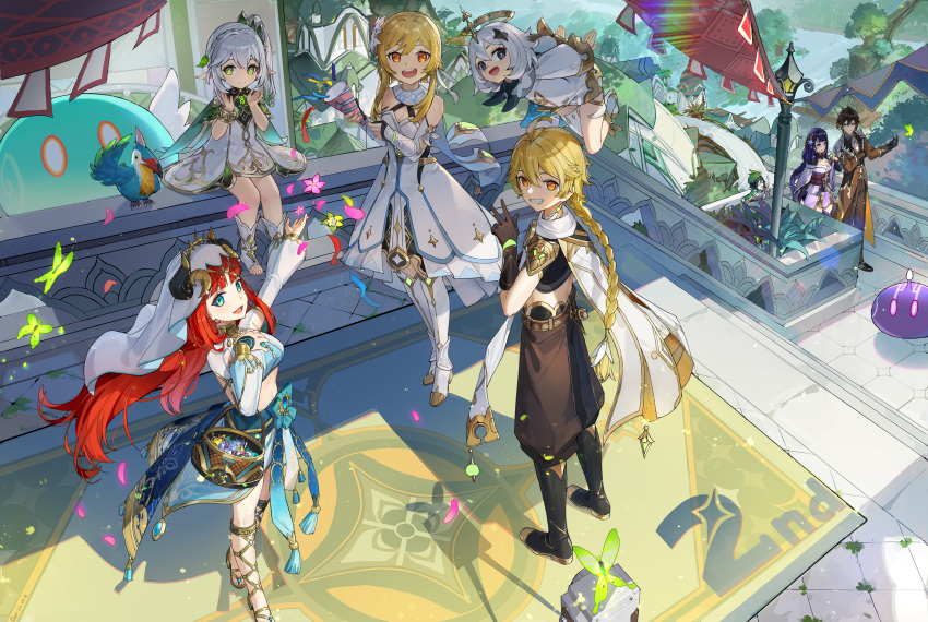 2others 3boys 5girls :d absurdres aether_(genshin_impact) ahoge arabian_clothes arm_guards baggy_pants bird black_eyes black_gloves black_hair blonde_hair blue_eyes blunt_bangs blurry bracelet braid cape clapping commentary_request confetti crown_braid dancer dancing dango depth_of_field dor_m dress earrings eating elbow_gloves fake_horns feather_hair_ornament feathers floating flower food full_moon genshin_impact gloves gradient_hair green_eyes hair_between_eyes hair_flower hair_ornament halo harem_outfit headpiece highres holding holding_skewer horns japanese_clothes jewelry kimono leaf_hair_ornament long_hair long_sleeves looking_at_another looking_at_viewer low_ponytail lumine_(genshin_impact) mechanical_halo moon multicolored_hair multiple_boys multiple_girls multiple_others nahida_(genshin_impact) navel necktie nilou_(genshin_impact) orange_eyes outdoors paimon_(genshin_impact) pants party_popper pointy_ears purple_eyes purple_hair raiden_shogun red_hair sanshoku_dango scarf scenery see-through see-through_sleeves short_dress short_hair short_hair_with_long_locks short_kimono short_sleeves side_ponytail sidelocks single_braid single_earring sitting_on_fence skewer slime_(genshin_impact) smile standing stirrup_legwear stomach symbol-shaped_pupils toeless_legwear twin_braids two-tone_hair veil venti_(genshin_impact) vision_(genshin_impact) wagashi walking white_dress white_hair white_necktie white_scarf zhongli_(genshin_impact)