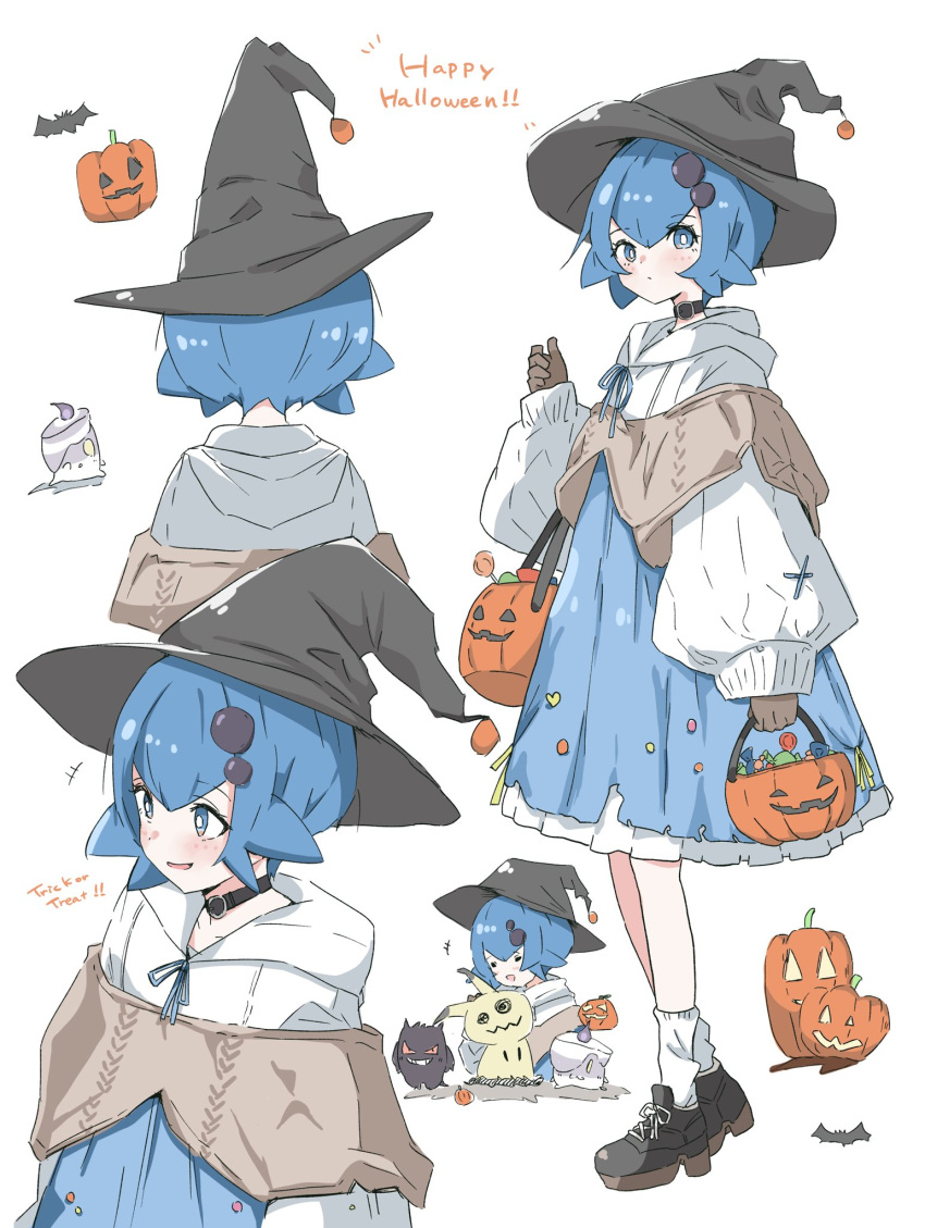 +++ 1girl alternate_costume black_choker blue_eyes blue_hair blue_skirt bright_pupils brown_gloves choker closed_mouth commentary_request eyelashes gengar gloves halloween halloween_bucket hand_up happy_halloween hat highres holding hood hood_down jack-o'-lantern lana_(pokemon) litwick long_sleeves mimikyu monmon_(monmon_k18) multiple_views pokemon pokemon_(creature) pokemon_(game) pokemon_sm short_hair skirt smile white_background white_pupils witch_hat