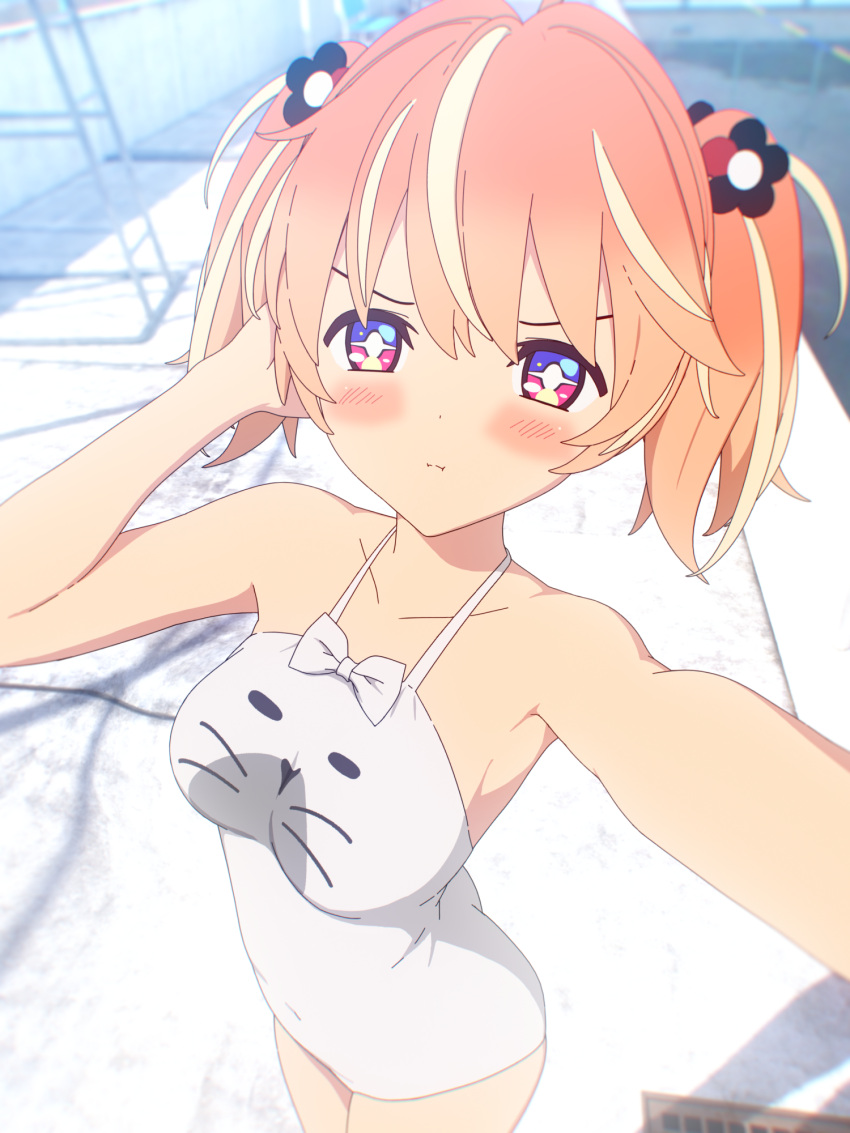 +_+ 1girl 3d animal_print armpits blender_(medium) blonde_hair blush breasts casual_one-piece_swimsuit cat_print cel_shading chinese_commentary covered_navel day drain_(object) feet_out_of_frame flower hair_flower hair_ornament hand_in_own_hair highres lifeguard_tower looking_at_viewer medium_hair mixed-language_commentary multicolored_eyes multicolored_hair one-piece_swimsuit orange_hair outdoors pool ribbon rinne_(rinrinne) rinrinne rinrinne39_(artist) selfie short_twintails solo streaked_hair swimsuit twintails virtual_youtuber white_one-piece_swimsuit