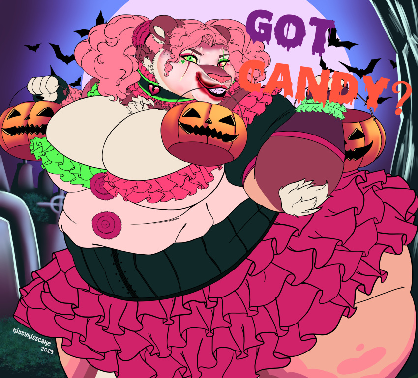 absurd_res anthro bat belly big_belly big_breasts bottomwear breasts brown_body brown_fur clothed clothing clown costume dancewear detailed_background dress felid feline female food fruit fur hair halloween hi_res holidays kittykisscake lion lips makeup mammal obese obese_anthro obese_female overweight overweight_anthro overweight_female pantherine pigtails pink_body pink_fur pink_hair pink_nose plant pumpkin rin_(kittykisscake) skirt smile solo text thick_lips thick_thighs topwear trick_or_treat tutu white_body white_fur wide_hips