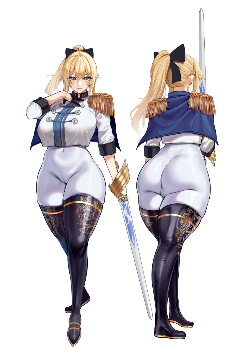 1girl absurdres black_bow blonde_hair blue_capelet blue_eyes blush bow breasts capelet cross cross_earrings curvy earrings favonius_sword_(genshin_impact) genshin_impact hair_between_eyes hair_bow highres holding jean_(genshin_impact) jewelry large_breasts long_hair looking_at_viewer maskwolf pants ponytail sidelocks smile solo tight_clothes tight_pants white_pants