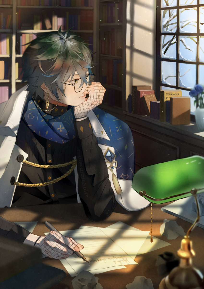 1boy black_shirt blanket blue_flower blue_rose book bookshelf crumpled_paper desk_lamp earrings fishnet_gloves fishnets flower glasses gloves grey_hair head_on_hand highres ike_eveland indoors jacket jewelry lamp light_particles long_sleeves looking_outside male_focus nib_pen_(medium) nijisanji nijisanji_en rose shirt short_hair snow solo tebeneme3 traditional_media virtual_youtuber white_jacket window winter writing