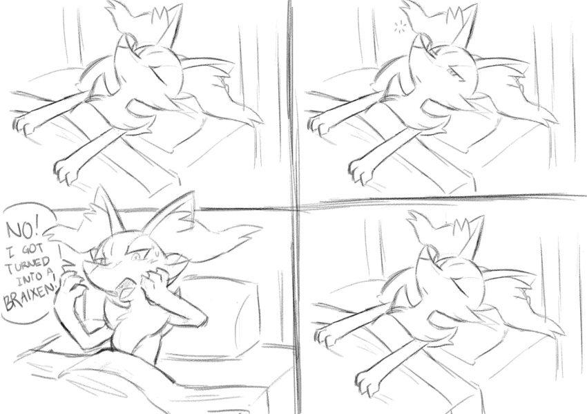 2023 3_fingers ambiguous_gender anthro biped braixen comic dialogue english_text fingers generation_6_pokemon hi_res inner_ear_fluff monochrome narrowed_eyes nintendo open_mouth pokemon pokemon_(species) sealer4258 sketch sleeping solo speech_bubble text tuft under_covers waking_up