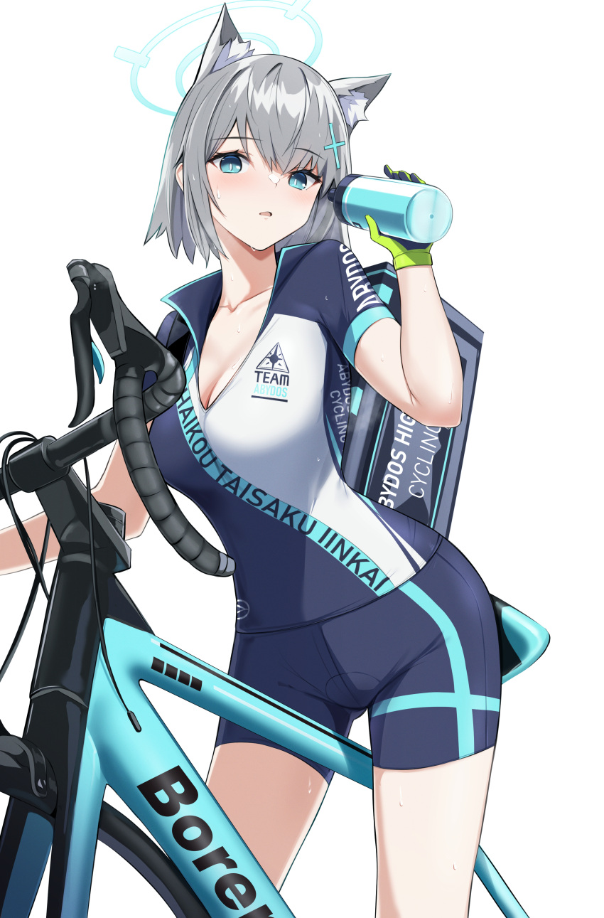 1girl absurdres animal_ear_fluff animal_ears bee_doushi bicycle bike_jersey bike_shorts blue_archive blue_sky bottle breasts cleavage cloud commentary_request cup day grey_hair ground_vehicle halo highres holding holding_cup looking_at_viewer medium_breasts official_alternate_costume outdoors shiroko_(blue_archive) shiroko_(cycling)_(blue_archive) short_hair sky solo water_bottle