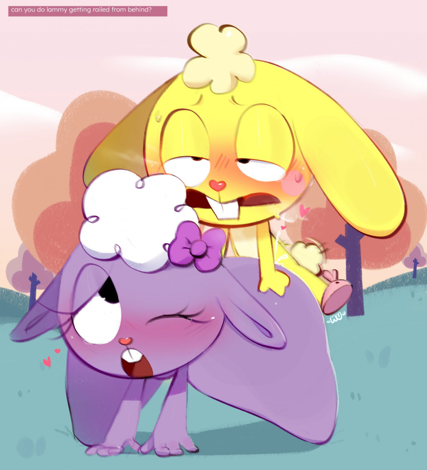 bovid caprine cuddles_(htf) duo female happy_tree_friends hi_res lagomorph lammy_(htf) leporid male mammal mu_(artist) one_eye_closed purple_body rabbit sex sheep yellow_body