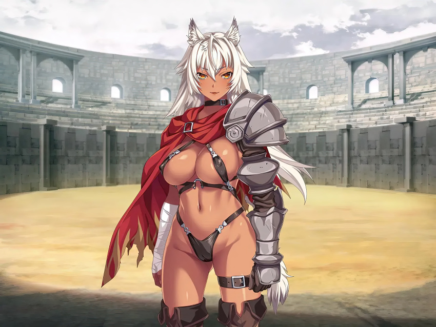 1girl absurdres animal_ears armor armored_gloves bandaged_arm bandages bikini black_bikini boots breasts brown_eyes cameltoe choker cloak covered_nipples dark-skinned_female dark_skin dog_ears grey_hair groin highres kuroinu_gaiden_in'yoku_no_daishoukan large_breasts leg_belt leona_(kuroinu_gaiden_in'yoku_no_daishoukan) long_hair navel non-web_source official_art outdoors panties resized revealing_clothes shoulder_armor solo swimsuit tail thigh_boots thong torn_cloak torn_clothes underwear upscaled white_hair