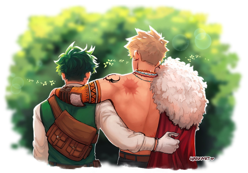 2boys arm_around_shoulder artist_name back bakugou_katsuki blonde_hair boku_no_hero_academia brown_bag cape commentary detached_sleeves english_commentary from_behind fur-trimmed_cape fur_trim gloves green_hair green_vest habkart hand_on_another's_back highres jewelry long_sleeves male_focus midoriya_izuku multiple_boys necklace official_alternate_costume red_cape scar scar_on_back shirt short_hair shoulder_tattoo single_bare_shoulder spiked_hair tattoo topless_male upper_body vest white_gloves white_shirt