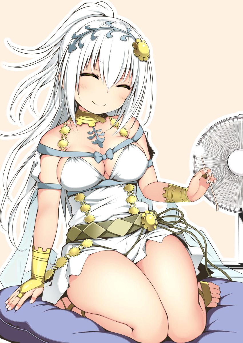 1girl absurdres blush breasts cleavage closed_eyes dress electric_fan facing_viewer hair_between_eyes hair_ornament highres holding kuromayu long_hair medium_breasts mimikaki original outline ponytail simple_background sitting smile solo strapless strapless_dress very_long_hair white_dress white_hair white_outline