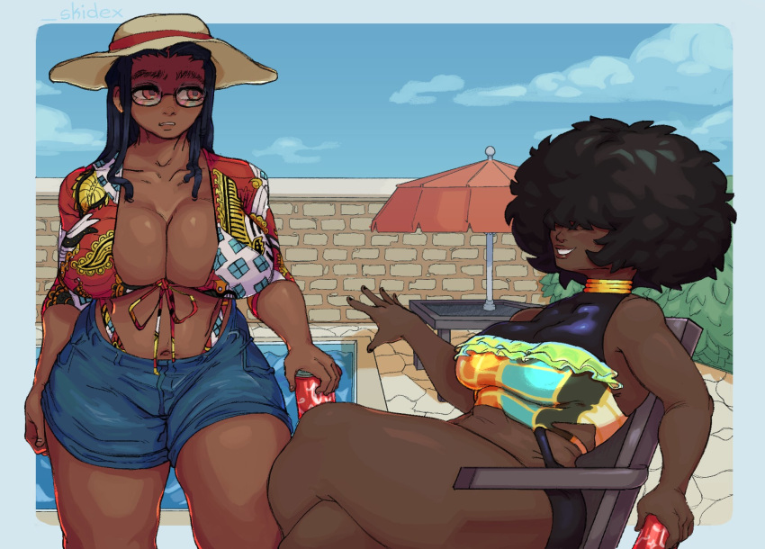 2girls afro blue_border blue_shorts blue_sky border borrowed_character breasts brown_headwear can cleavage cloud cowboy_shot crossed_legs dark-skinned_female dark_skin dreadlocks gigi_(whoopsatro) glasses hair_over_eyes hat highres holding holding_can large_breasts multiple_girls original outdoors parted_lips pool print_shirt red_eyes shadow shirt shorts sitting skidex sky smile table tied_shirt umbrella viv_(whoopsatro)