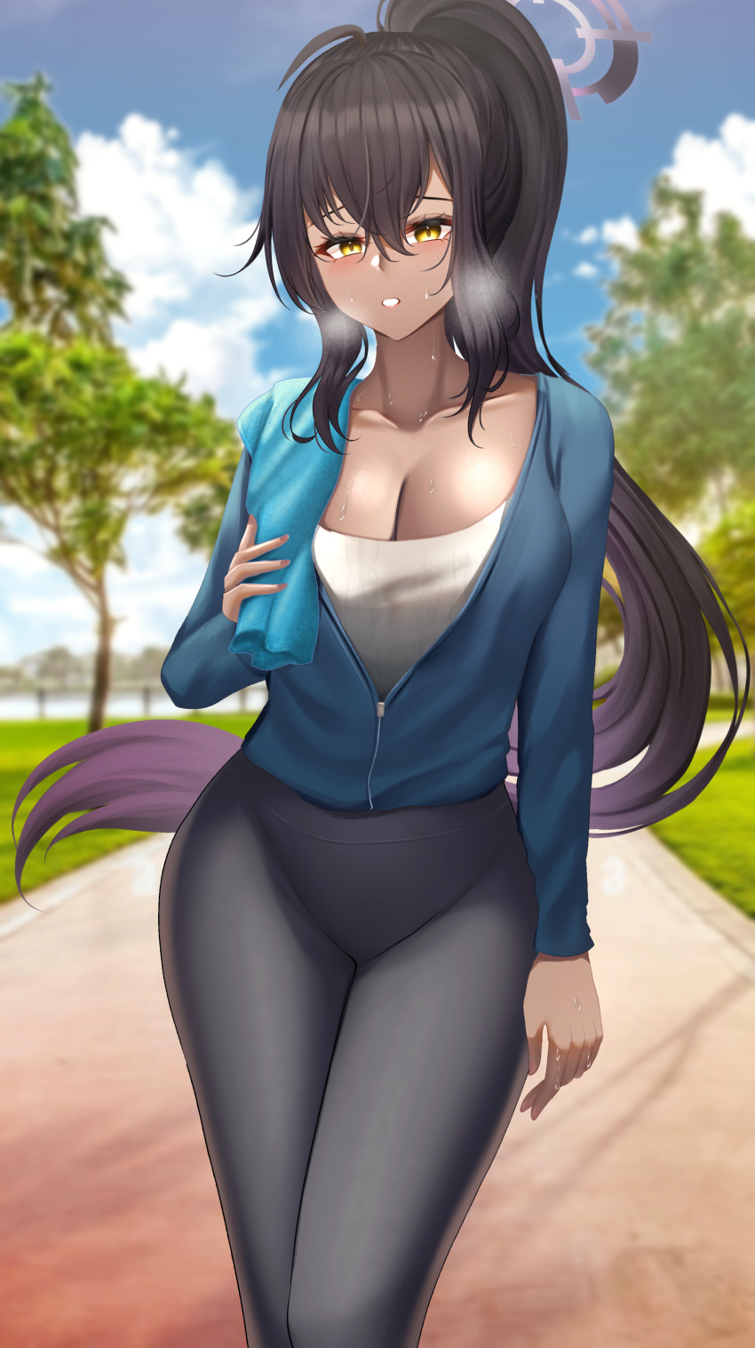 1girl absurdres arm_at_side black_hair blue_archive blue_sky breasts breath cleavage cloud cloudy_sky collarbone commentary dark_skin english_commentary floating_hair hair_between_eyes halo highres holding holding_towel karin_(blue_archive) large_breasts long_hair long_sleeves looking_at_viewer multicolored_hair outdoors pants parted_lips path ponytail rayleigh_scale sidelocks sky sweat sweat_stain sweaty_clothes tan towel towel_on_one_shoulder track_pants tree two-tone_hair very_long_hair walking workout_clothes yellow_eyes zipper