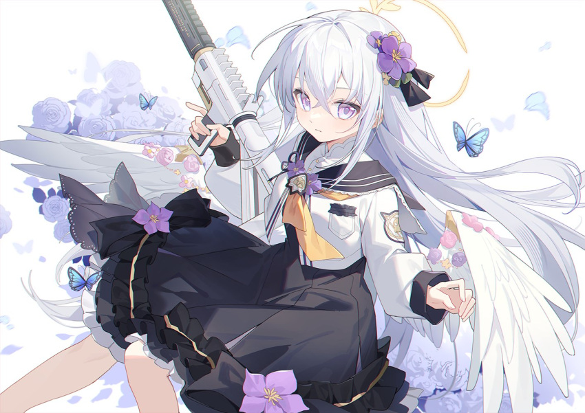1girl assault_rifle azusa_(blue_archive) black_dress black_sailor_collar blue_archive closed_mouth commentary crossed_bangs dress feathered_wings flower flower_dress frilled_dress frills grey_hair gun hair_between_eyes hair_flower hair_ornament halo holding holding_gun holding_weapon jacket long_hair long_sleeves low_wings m4_carbine pink_flower pink_rose puffy_long_sleeves puffy_sleeves purple_eyes purple_flower purple_rose rifle rose sailor_collar simple_background solo weapon white_background white_jacket white_wings wing_ornament wings yellow_halo yunweishukuang