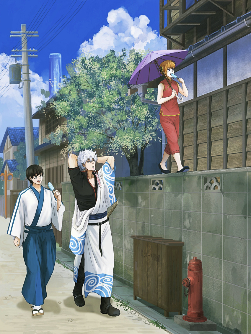 1girl 2boys absurdres arms_behind_head black_hair cloud cloudy_sky commentary_request day eating fire_hydrant food gintama glasses grey_hair hair_bun highres holding holding_umbrella house ice_cream kagura_(gintama) multiple_boys on_wall orange_hair outdoors sakata_gintoki shimura_shinpachi shooogun short_hair sky tree umbrella utility_pole walking