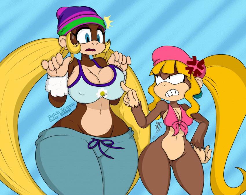 2017 angry anthro big_breasts blonde_hair blue_eyes blush bodily_fluids bottomless breast_size_difference breasts brown_body brown_fur cleavage clothed clothing colored dixie_kong donkey_kong_(series) duo ear_piercing ear_ring eyelashes featureless_crotch female fur hair hand_on_hip haplorhine hat headgear headwear hoop_ear_ring kirrol long_hair mammal monkey navel nintendo nipple_outline piercing poking ponytail primate ring_piercing sibling_(lore) sister_(lore) sisters_(lore) skimpy sssonic2 sweat sweatdrop teeth thick_thighs tiny_kong wide_hips