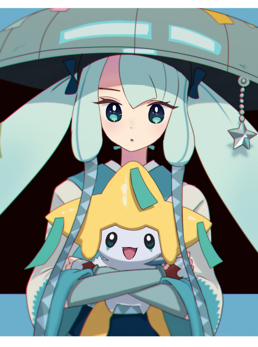 1girl asymmetrical_bangs commentary_request crossover eyelashes flaw_(4lmnis) green_eyes green_hair grey_headwear hat hatsune_miku highres holding holding_pokemon jirachi long_hair looking_at_viewer parted_lips pokemon pokemon_(creature) project_voltage sidelocks steel_miku_(project_voltage) twintails vocaloid wide_sleeves