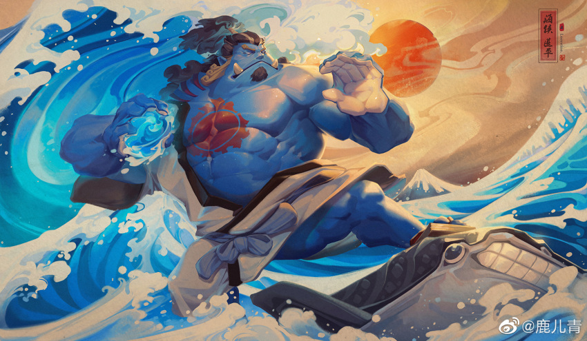 1boy abs bara bare_pectorals black_hair blue_skin colored_skin curly_eyebrows facial_hair fish_boy gills goatee hadanugi_dousa hands_up high_ponytail highres jinbe_(one_piece) large_hands large_pectorals long_hair luerstine male_focus merman monster_boy muscular muscular_male nipples one_piece paid_reward_available pectorals sideburns solo stomach sun_tattoo surfing tan tusks waves