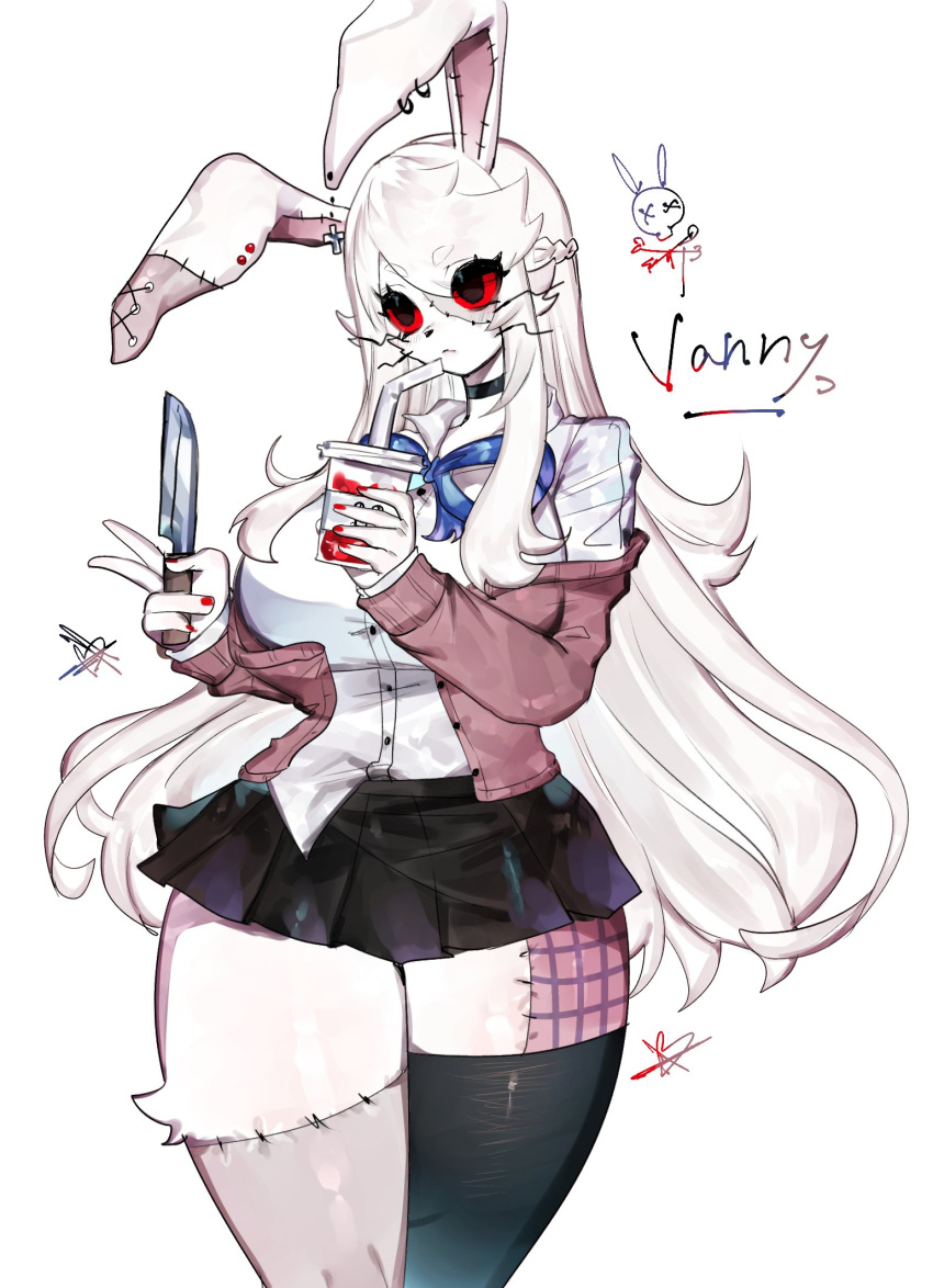anthro beverage breasts clothed clothing female five_nights_at_freddy's hair hi_res holding_beverage holding_knife holding_object human knife lagomorph leporid mammal rabbit scottgames simple_background solo togetoge vanny_(fnaf) white_hair