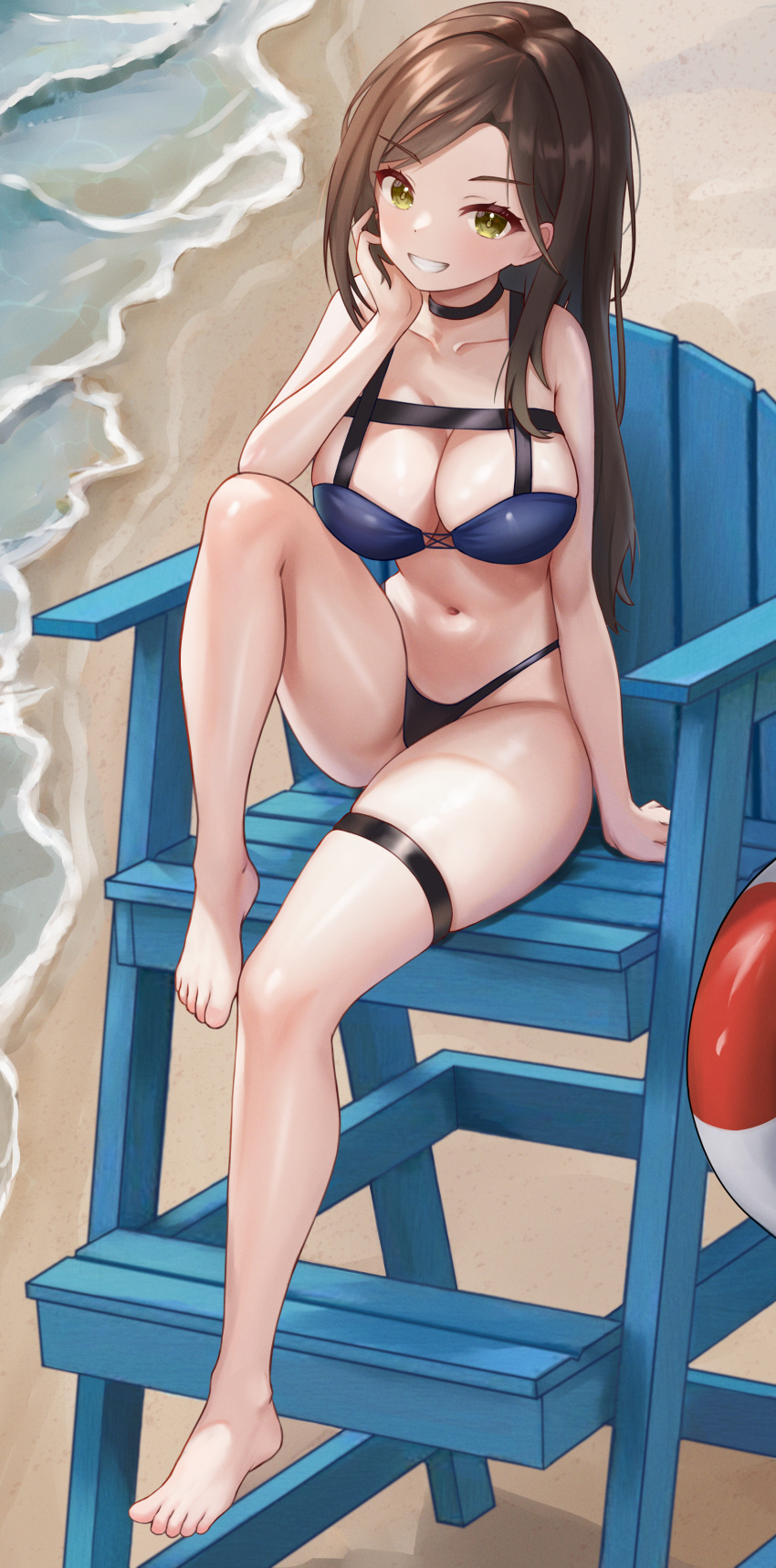 1girl absurdres alternate_costume barefoot beach bikini breasts brown_hair choker cleavage commission fanteam highres idolmaster idolmaster_cinderella_girls large_breasts lifebuoy lifeguard_chair long_hair long_legs looking_at_viewer mukai_takumi navel pixiv_commission smile swimsuit thigh_strap yellow_eyes