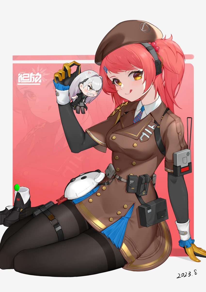 1437823832 2girls :q absurdres ak-alfa_(girls'_frontline) ammunition_belt ammunition_pouch anger_vein angry beret black_pantyhose breasts candy chibi closed_mouth collared_shirt food frills full_body girls'_frontline girls'_frontline_2:_exilium gloves grey_hair grin hat headset highres jacket licking_lips lollipop looking_at_another looking_at_viewer medium_breasts medium_hair mini_person minigirl mp7_(girls'_frontline) multiple_girls necktie pantyhose pouch red_hair shirt shoes shoes_removed side_ponytail smile solo_focus thigh_strap thighband_pantyhose tongue tongue_out yellow_eyes