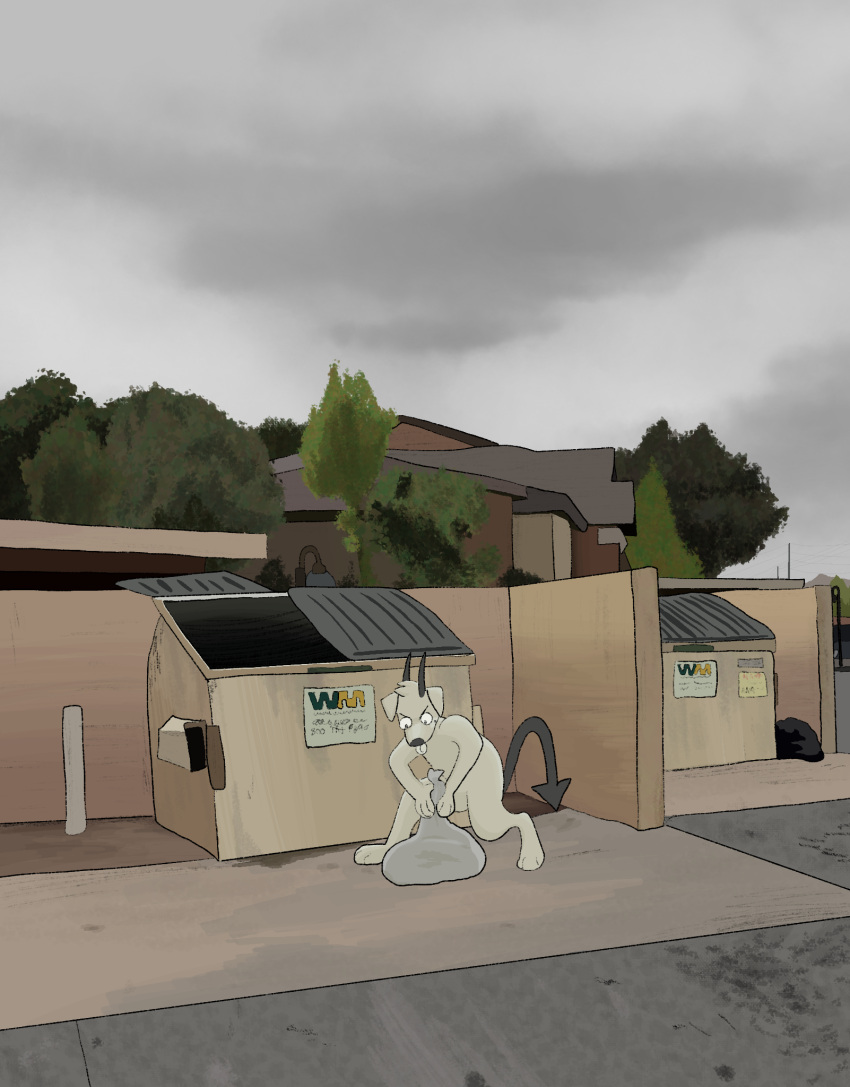 2021 amazing_background anthro bent_over black_horn black_nose black_tail building canid canine canis cloud cloudy_sky day demon detailed detailed_background digital_drawing_(artwork) digital_media_(artwork) digitigrade domestic_dog dumpster featureless_crotch floppy_ears fur grey_sky hi_res horn male mammal nude outside overcast plant sebastian_(sebdoggo) sebdoggo shaded sky solo spade_tail tail tongue tongue_out trans_(lore) trans_man_(lore) trash_bag tree white_body white_fur