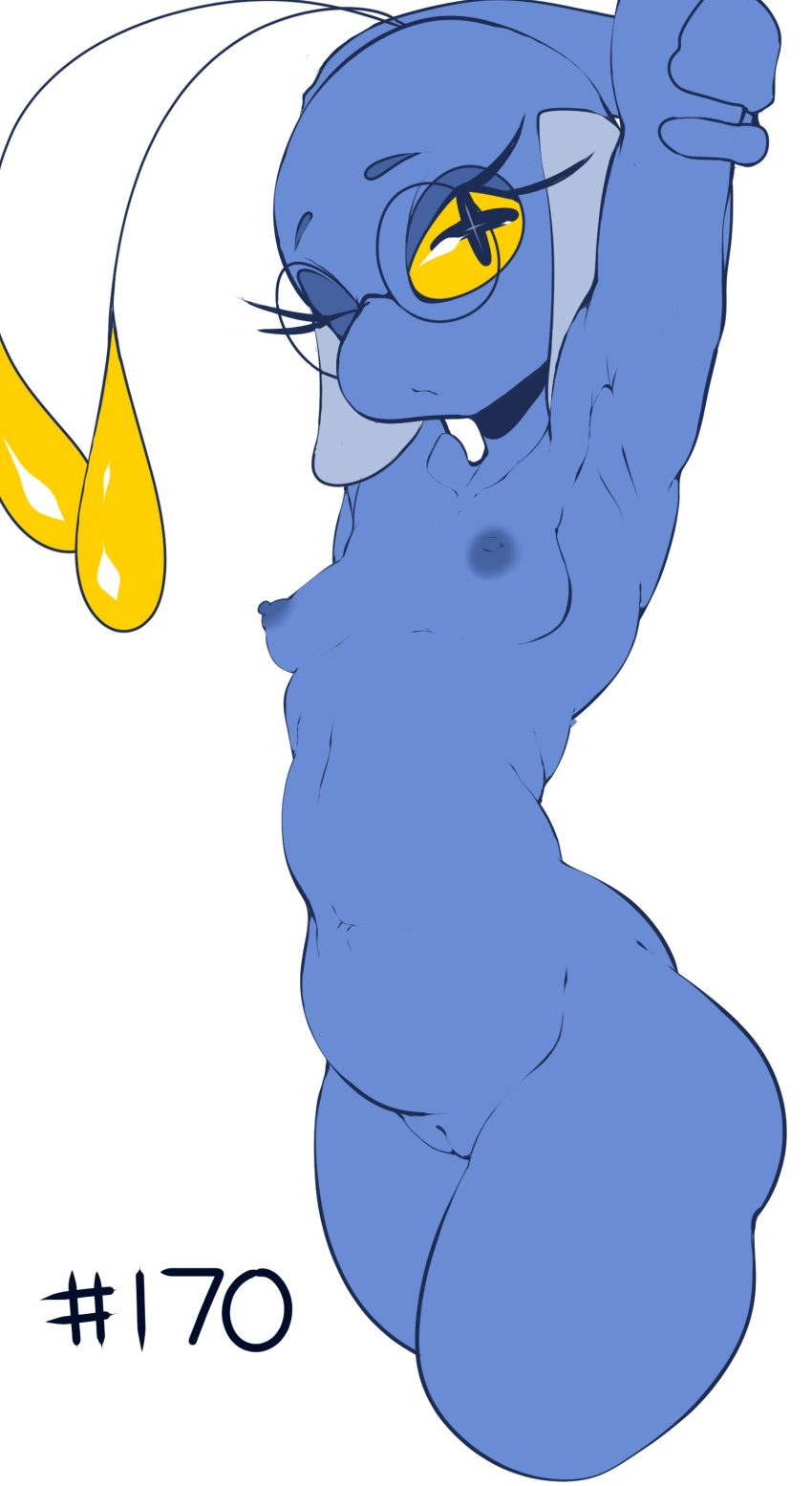 +_+ 1girl absurdres antennae armpits arms_behind_head arms_up asymmetrical_breasts bald black_eyes blue_skin breasts chinchou cleft_of_venus closed_mouth collarbone colored_sclera colored_skin commentary completely_nude cowboy_shot cropped_legs english_commentary fins fir3born fish_girl flat_color furry furry_female glasses head_fins highres navel nipples nude personification pince-nez pokedex_number pokemon pokemon_(creature) pussy round_eyewear small_breasts solo standing stomach stretching thick_thighs thighs uncensored yellow_sclera